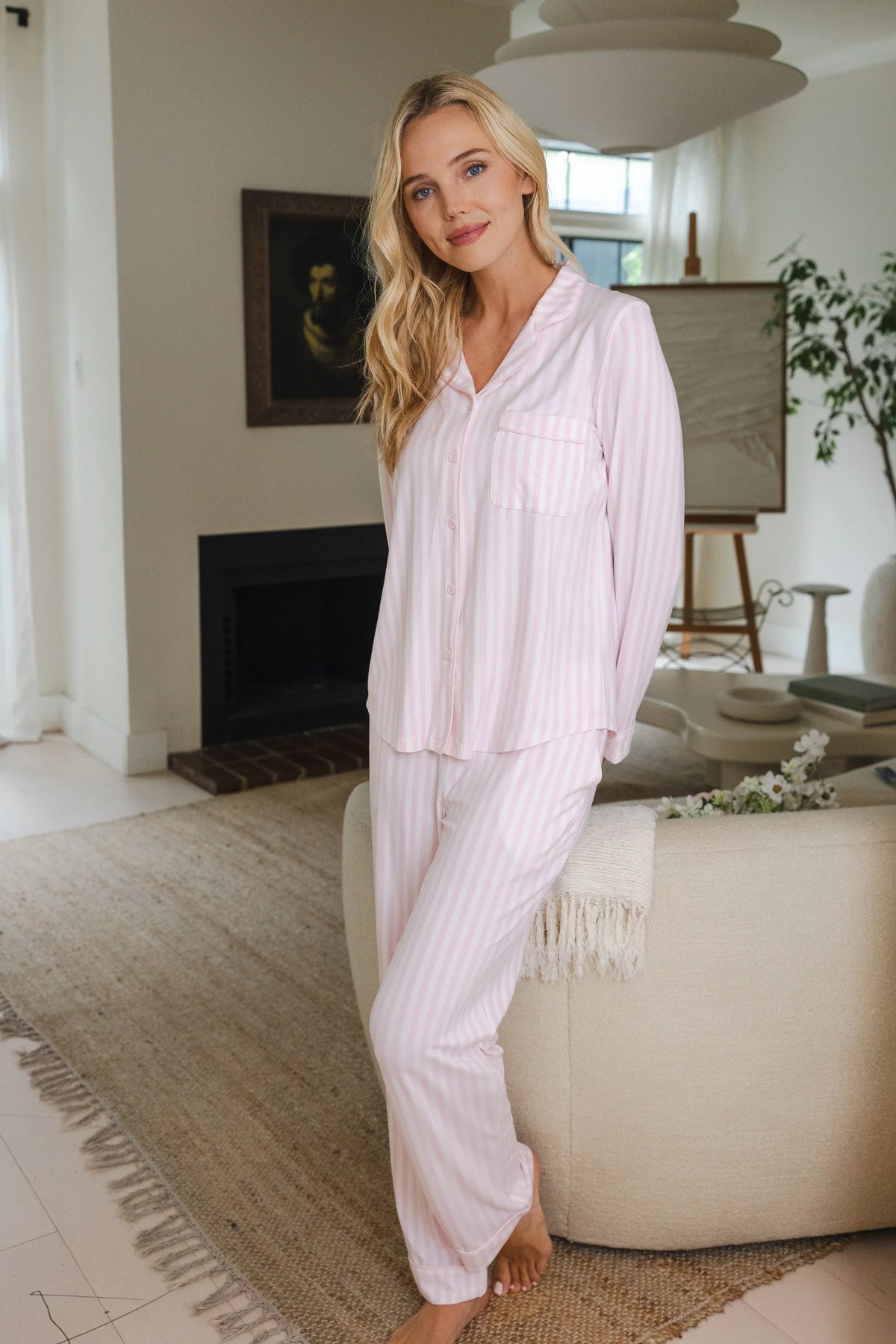 Long-Sleeved Women's Pajama Set in Small Sakura Stripe
