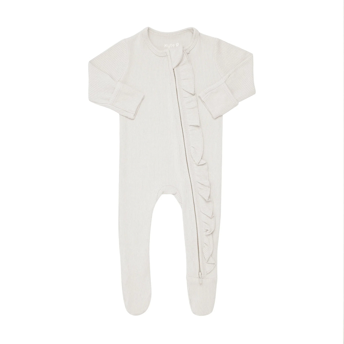 Ribbed Ruffle Zipper Footie in Oat