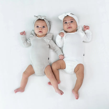 Ribbed Long Sleeve Ruffle Leotard in Oat