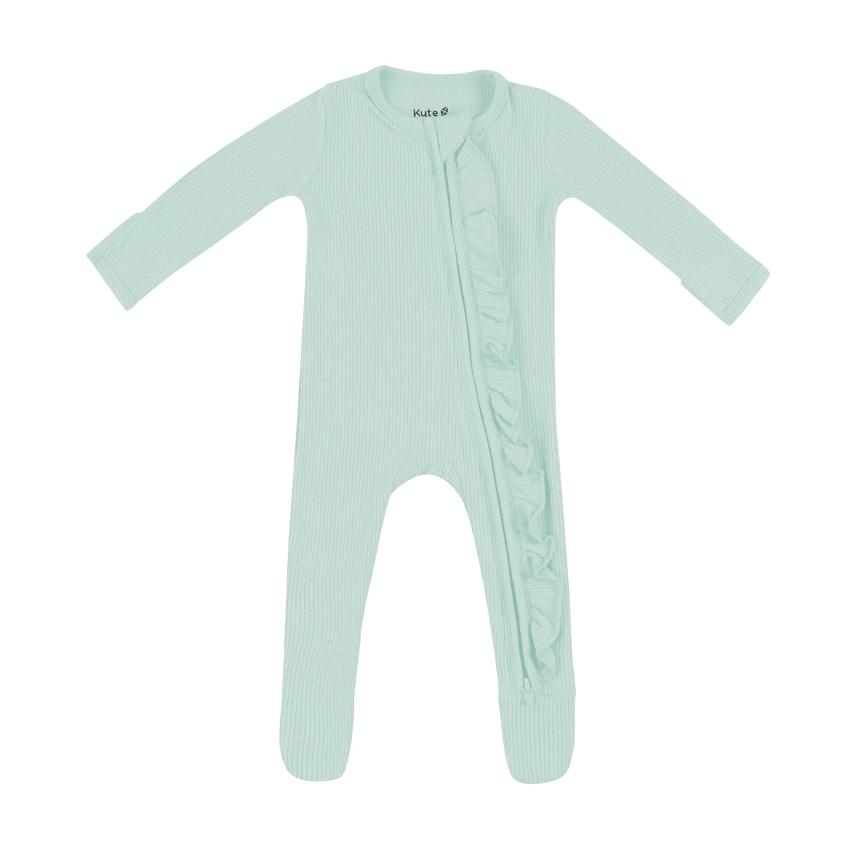 Ribbed Ruffle Zipper Footie in Sage