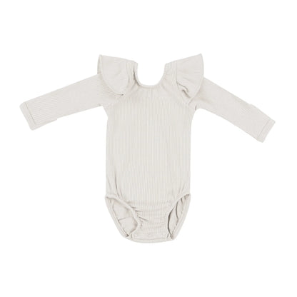 Ribbed Long Sleeve Ruffle Leotard in Oat