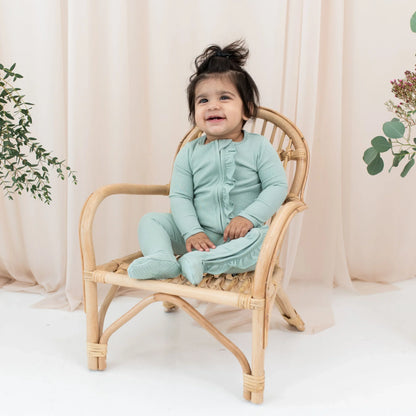 Ribbed Ruffle Zipper Footie in Sage