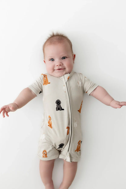Zippered Shortall Romper in Fluffy Dog