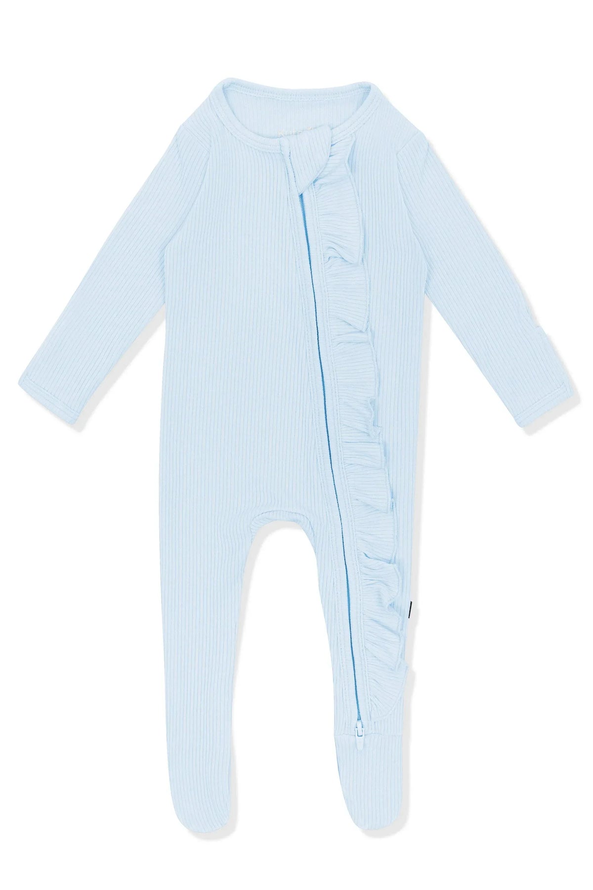Ribbed Ruffle Zipper Footie in Breeze