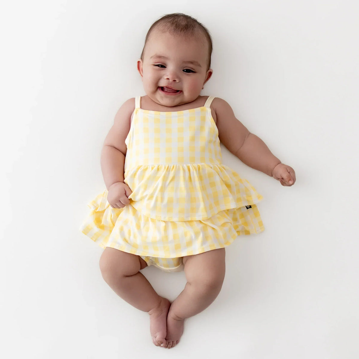 Spaghetti Strap Ruffle Romper in Gingham Chamomile