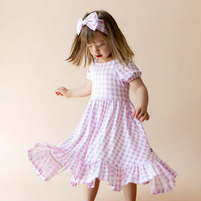 Puff Sleeve Twirl Dress in Gingham Thistle